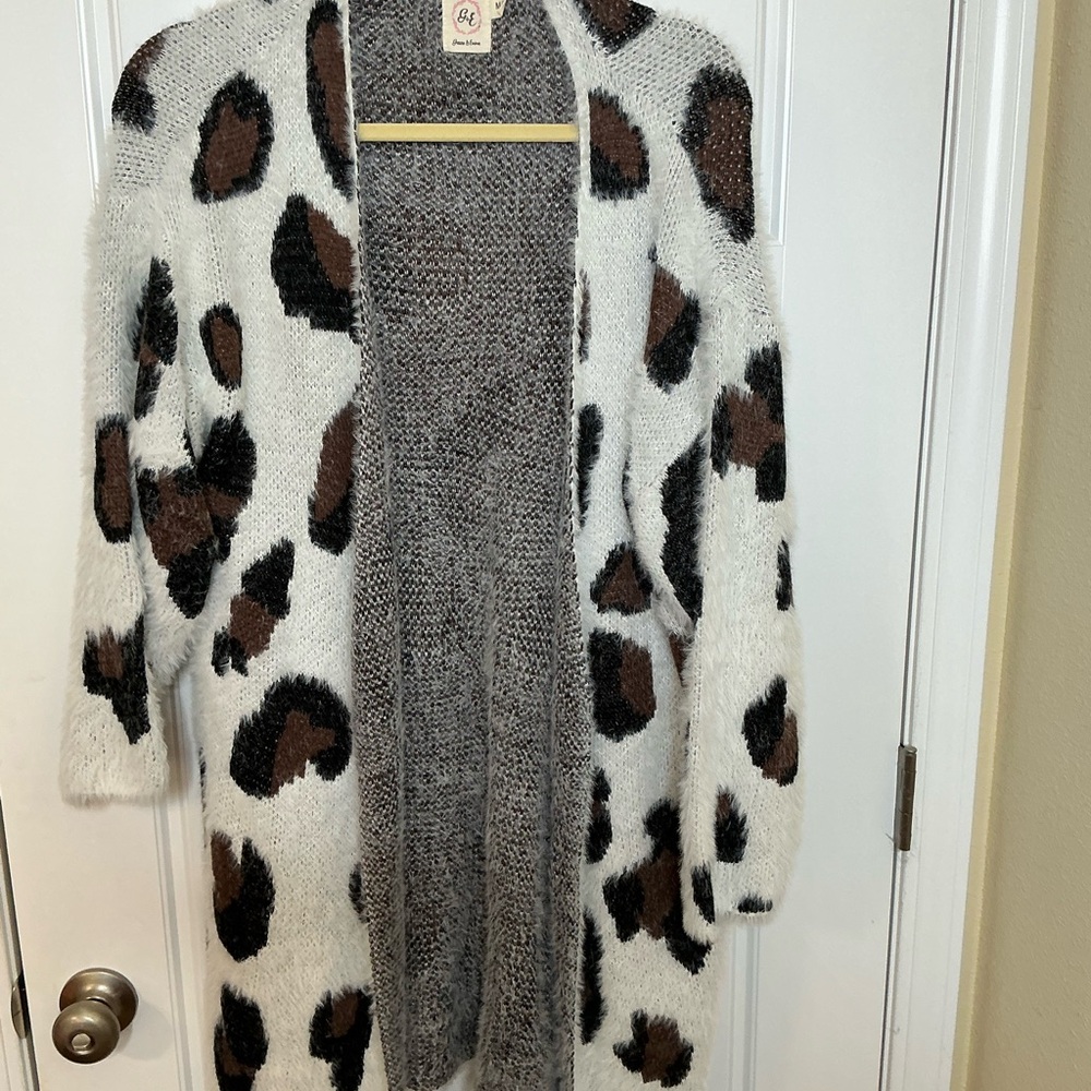 BP Leopard Print Open-Front Cardigan in Black, Brown, and Cream